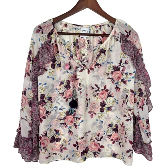 Misa Los Angeles Sia Pink White Chiffon Sheer Floral Blouse Women’s Small - Picture 3 of 10